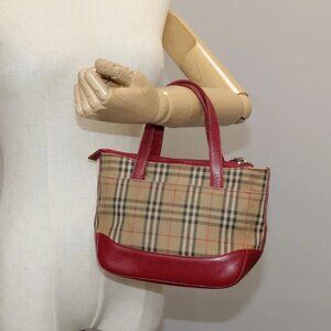 BURBERRY Nova Check Hand Bag Canvas Beige Red Auth 108752